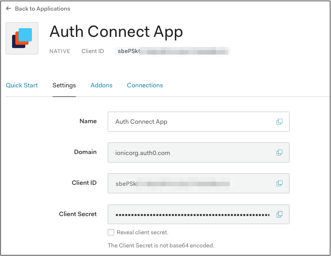 Auth0 app configuration settings