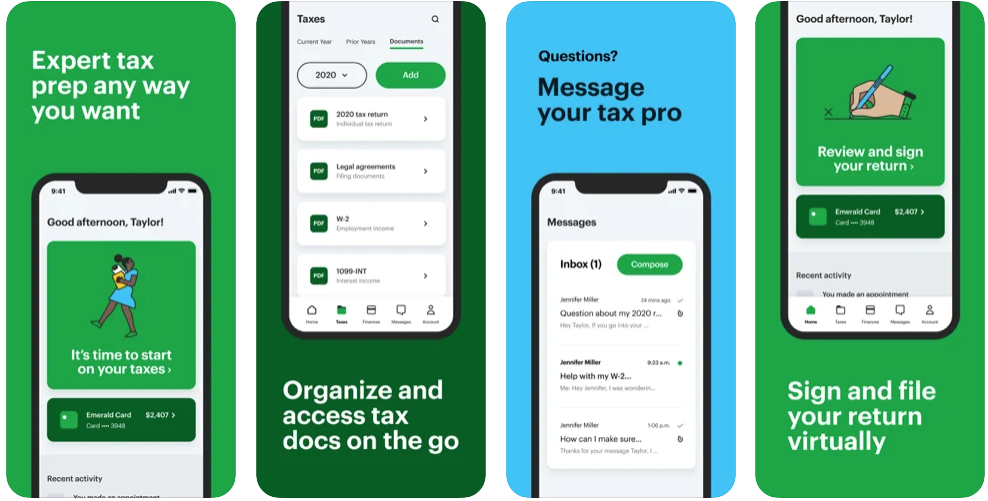 Screenshots of H&R Block's customer facing app MyBlock