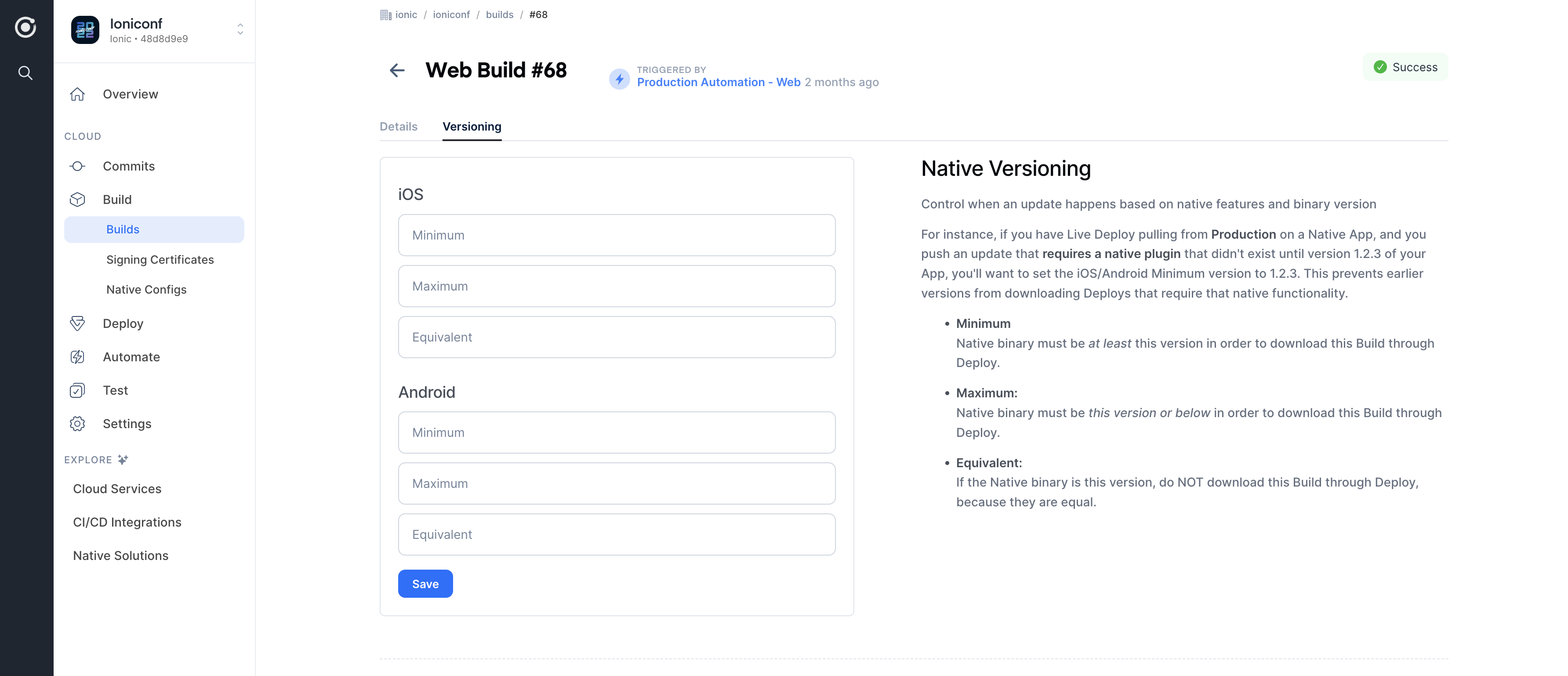 Web build versioning